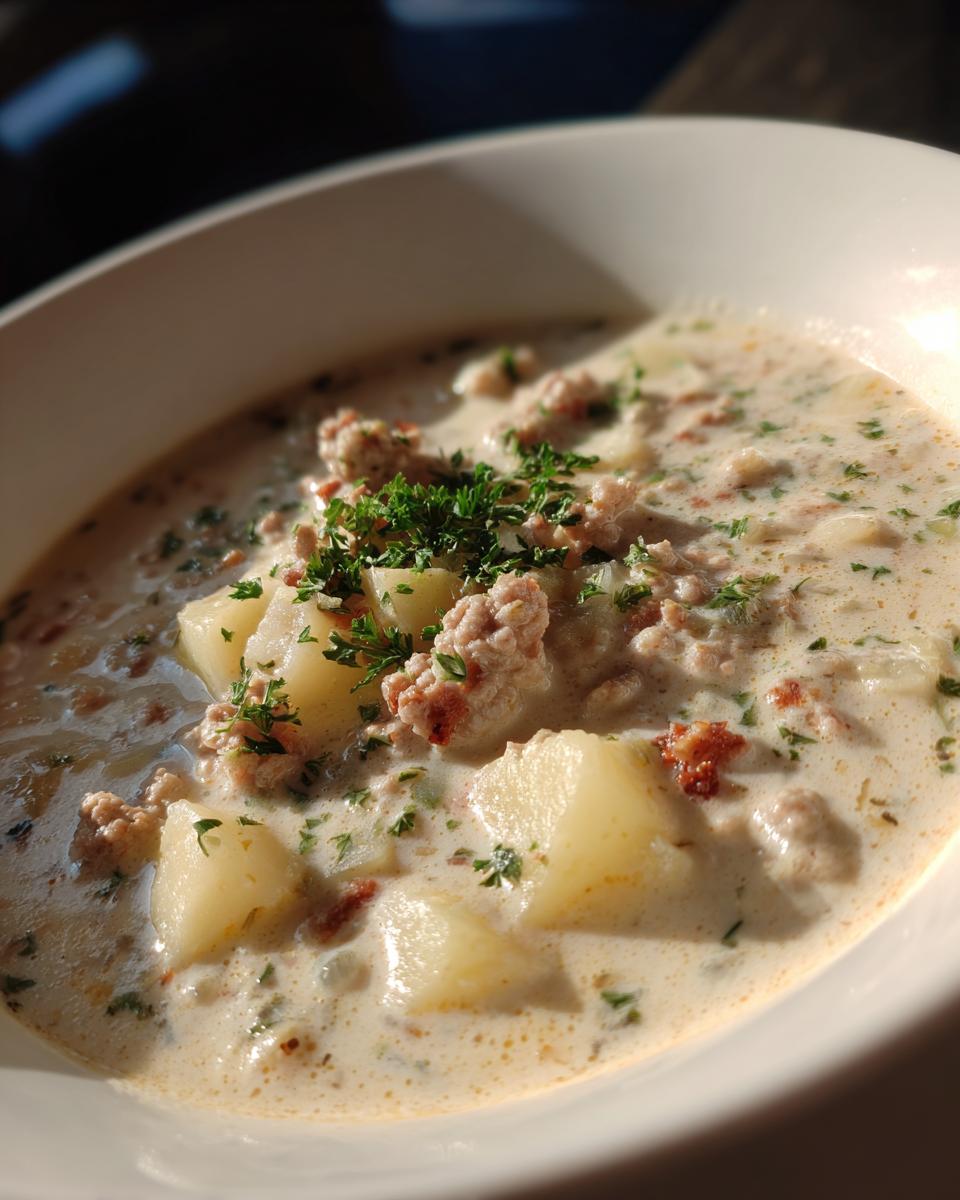 Close-up of a creamy sausage potato soup with chunks of potato and ground sausage, garnished with fresh parsley.