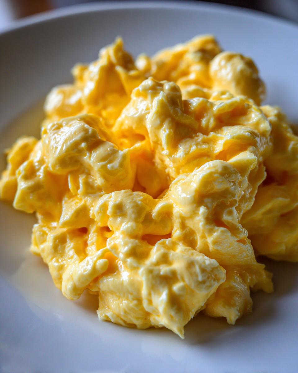 Close-up of perfectly cooked, creamy, and fluffy scrambled eggs on a white plate.