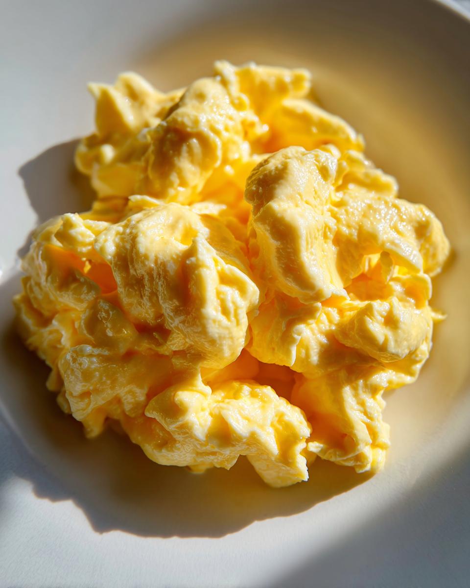 Close-up of fluffy, creamy yellow scrambled eggs served on a white plate under bright sunlight.