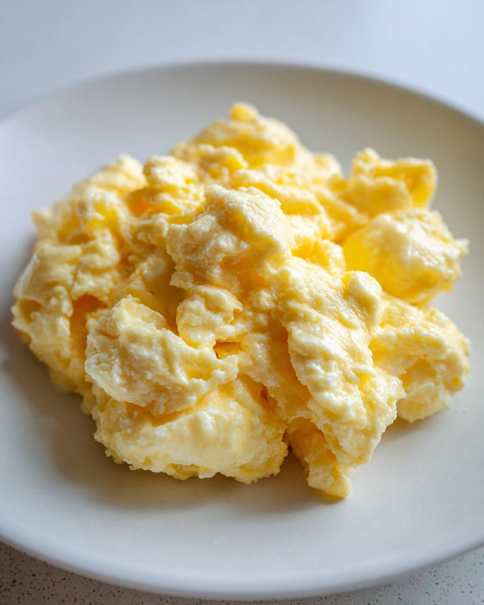 Close-up of perfectly cooked, creamy, and fluffy scrambled eggs piled high on a simple white plate.