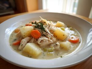 A close-up of a creamy slow cooker chicken stew with shredded chicken, large potato chunks, and sliced carrots, garnished with thyme.