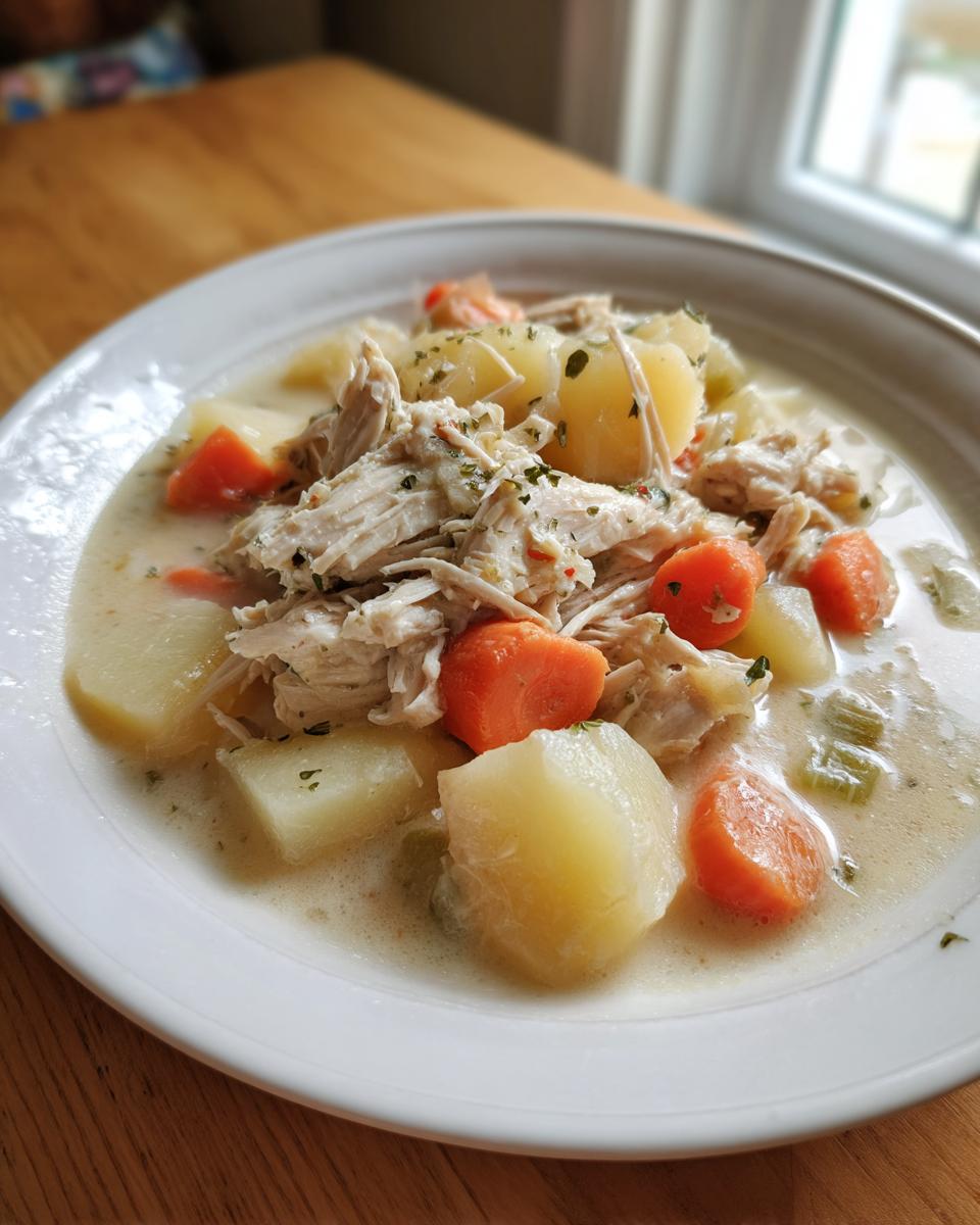 A close-up of a bowl of creamy slow cooker chicken stew featuring shredded chicken, large chunks of potato, and bright orange carrots.