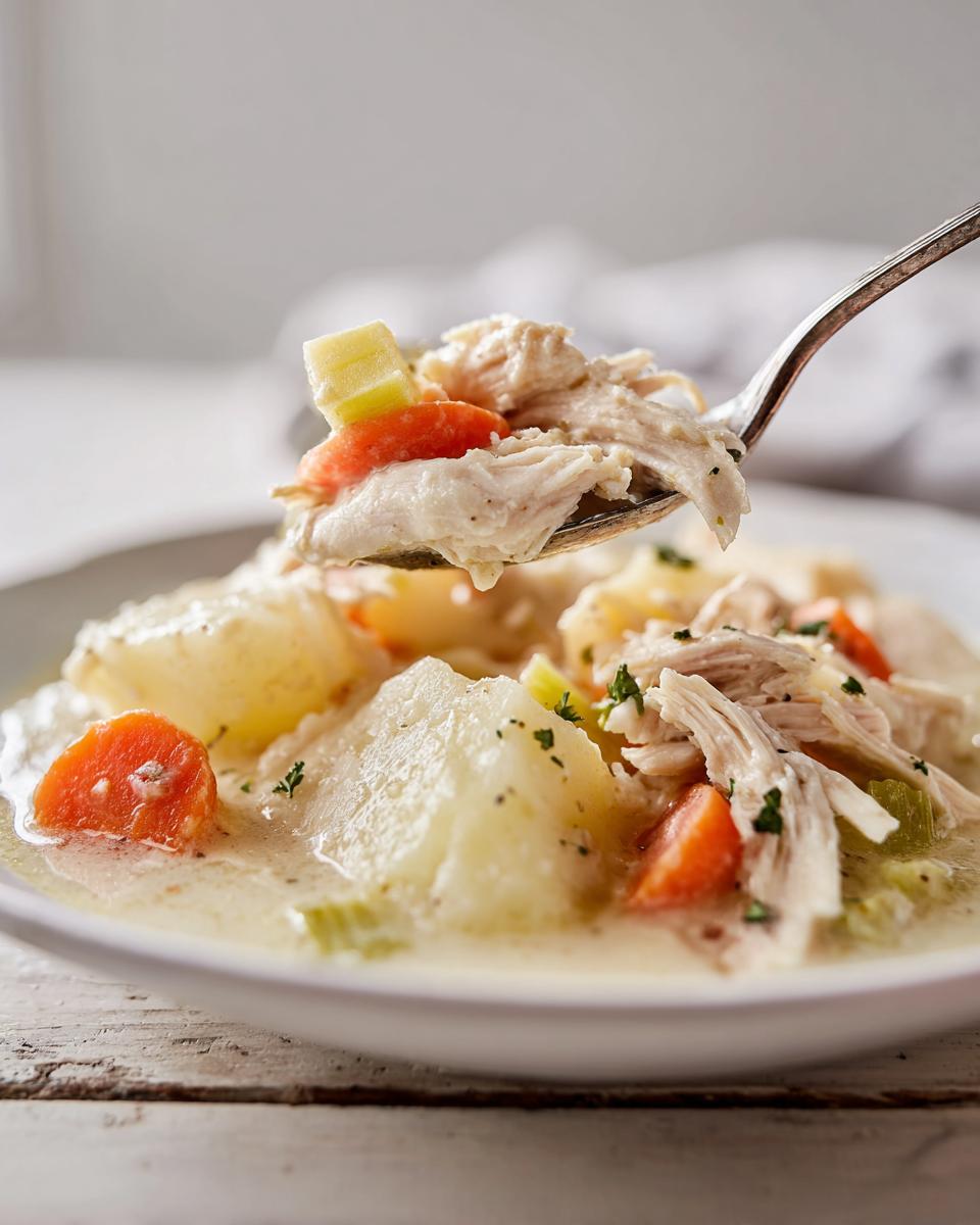Close-up of a spoonful lifting shredded chicken, carrots, and celery from a bowl of creamy slow cooker chicken stew.