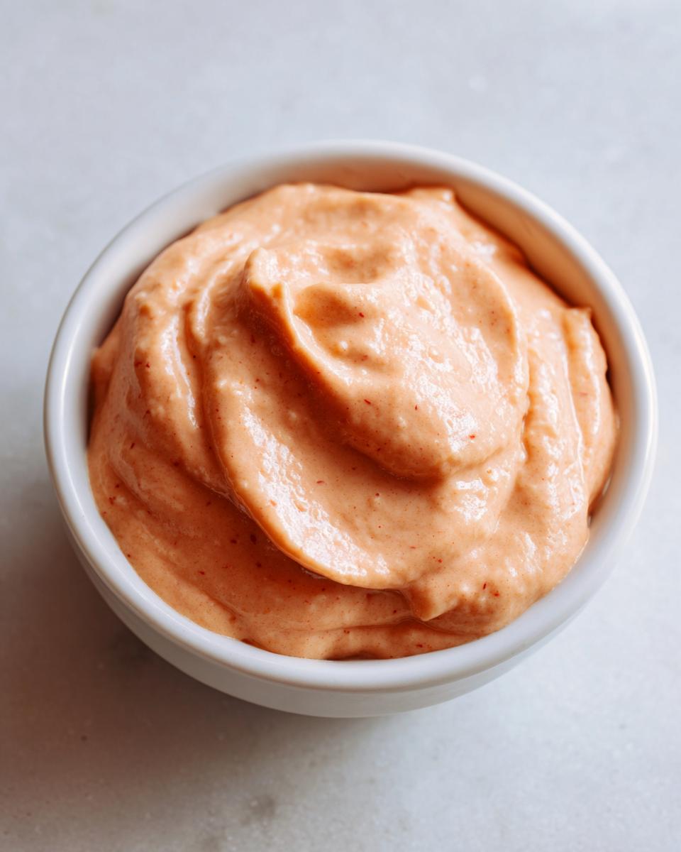Close-up of creamy, orange-hued smash burger sauce swirled in a small white bowl.