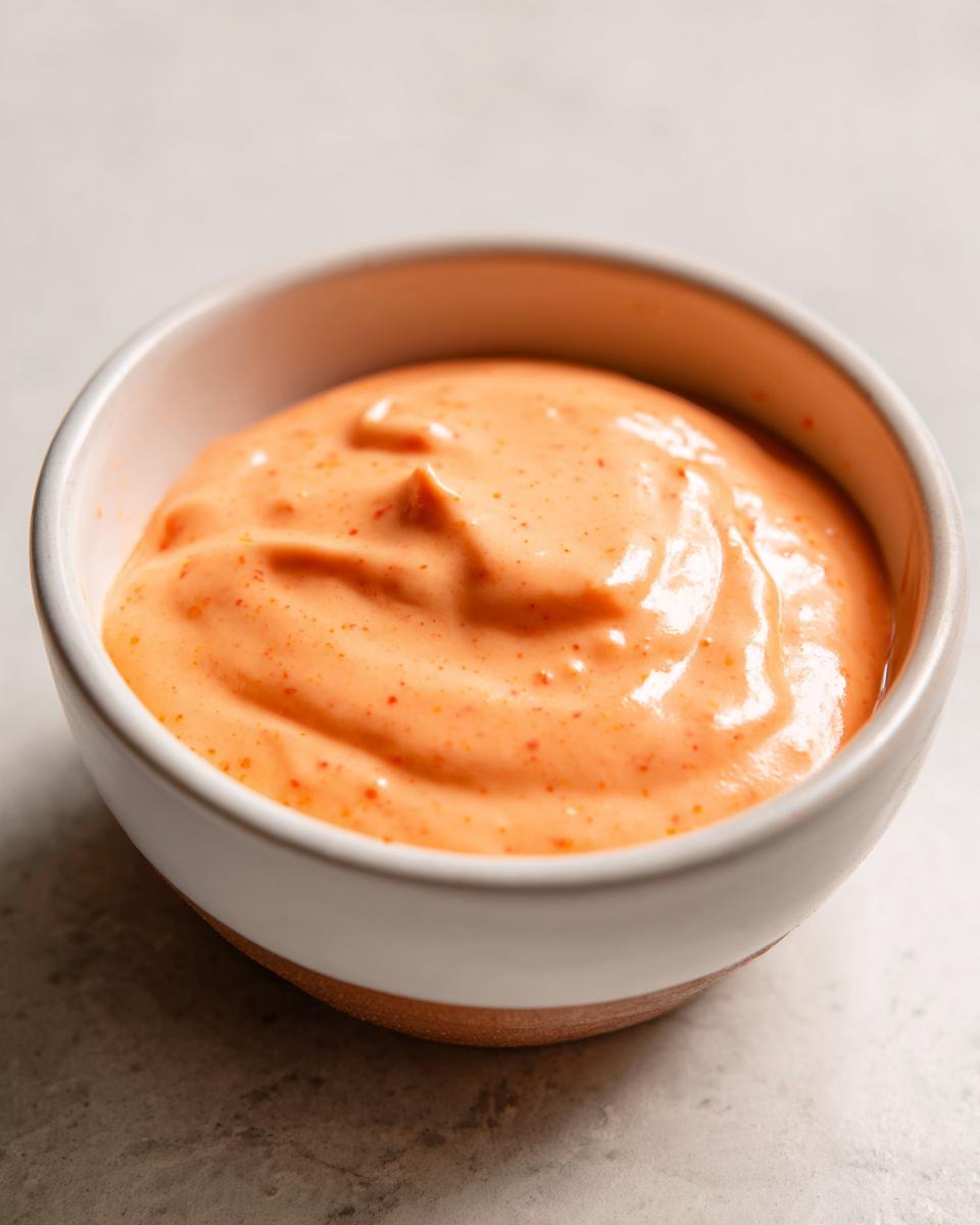 Close-up of a creamy, orange-hued smash burger sauce speckled with red spices, served in a small white bowl.