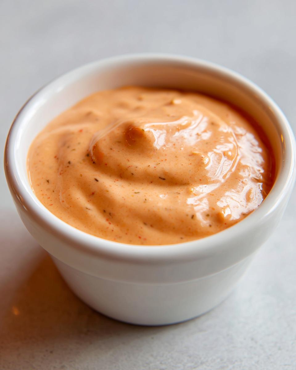 Close-up of creamy, orange-hued smash burger sauce speckled with herbs in a small white dipping bowl.