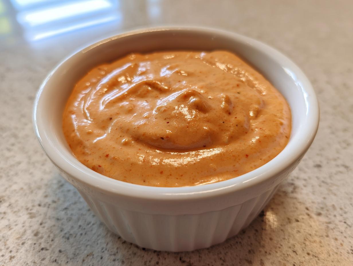 Close-up of creamy, orange-hued smash burger sauce served in a small white ramekin.