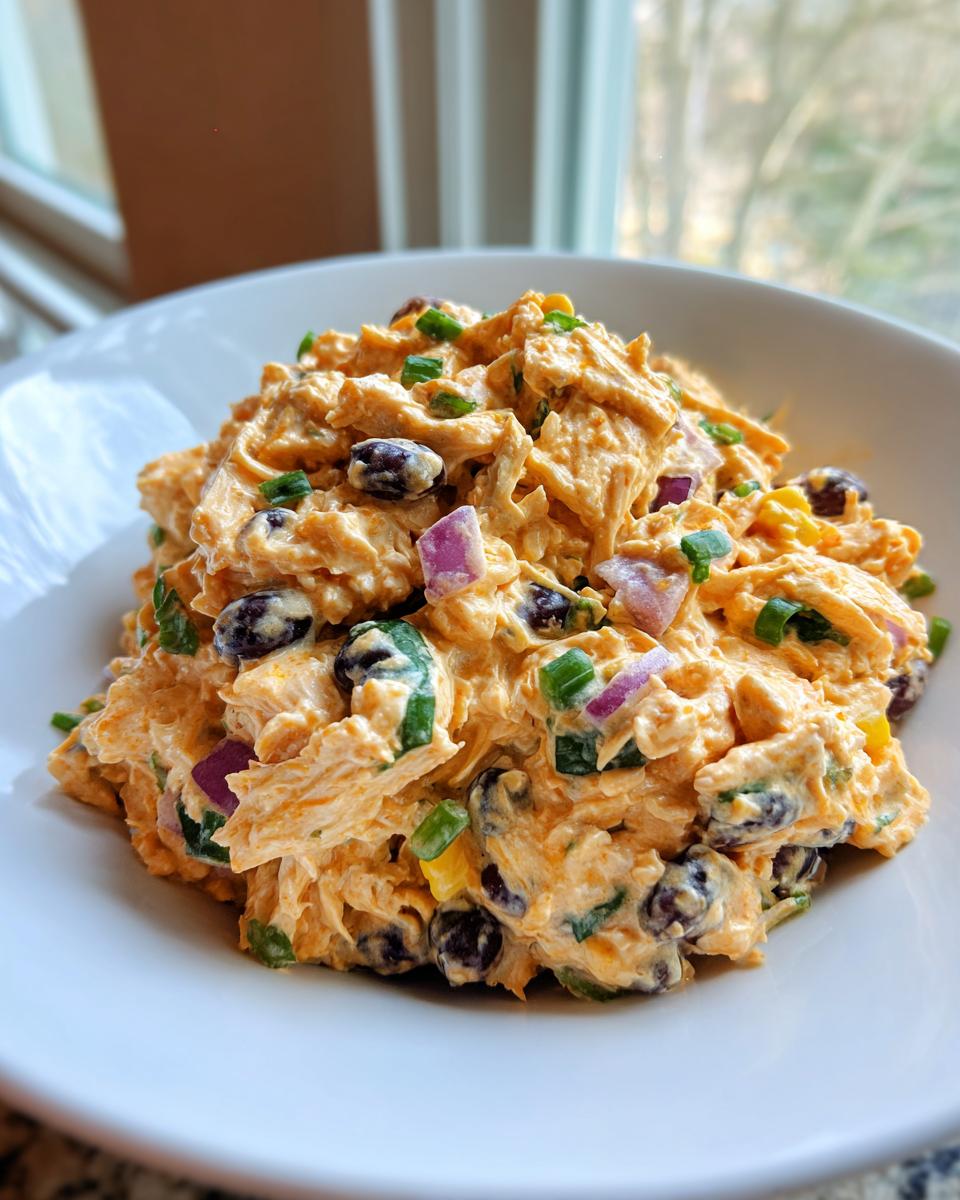 Close-up of creamy, orange-hued southwest chicken salad mixed with black beans and red onion in a white bowl.