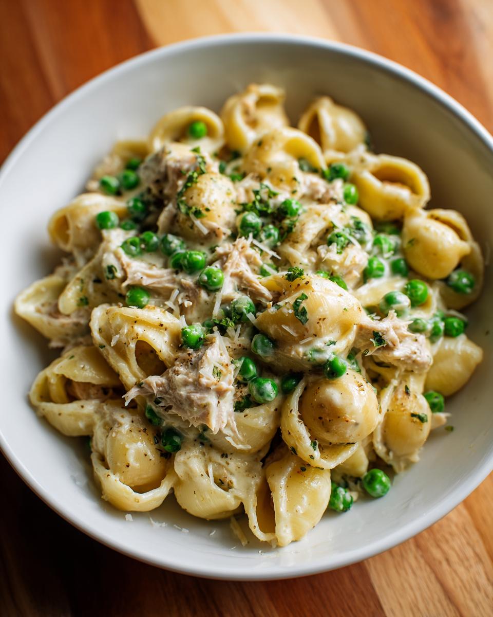 A close-up of creamy tuna pasta made with shell-shaped noodles, green peas, and topped with parsley.