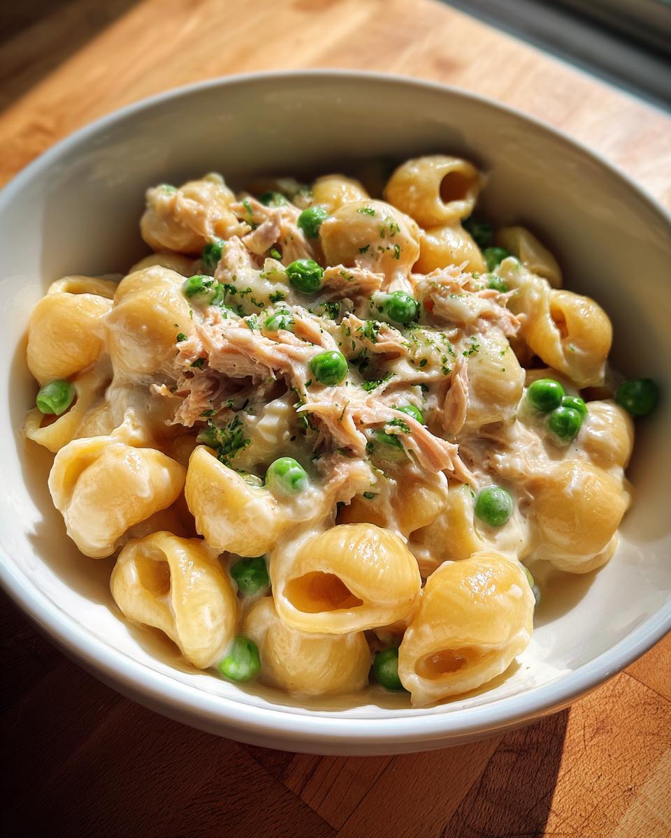 Close-up of creamy tuna pasta made with shell pasta and green peas, garnished with herbs.