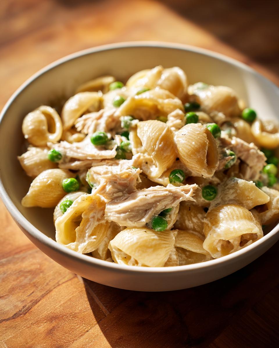 A close-up of creamy tuna pasta made with shell pasta and bright green peas served in a light bowl.