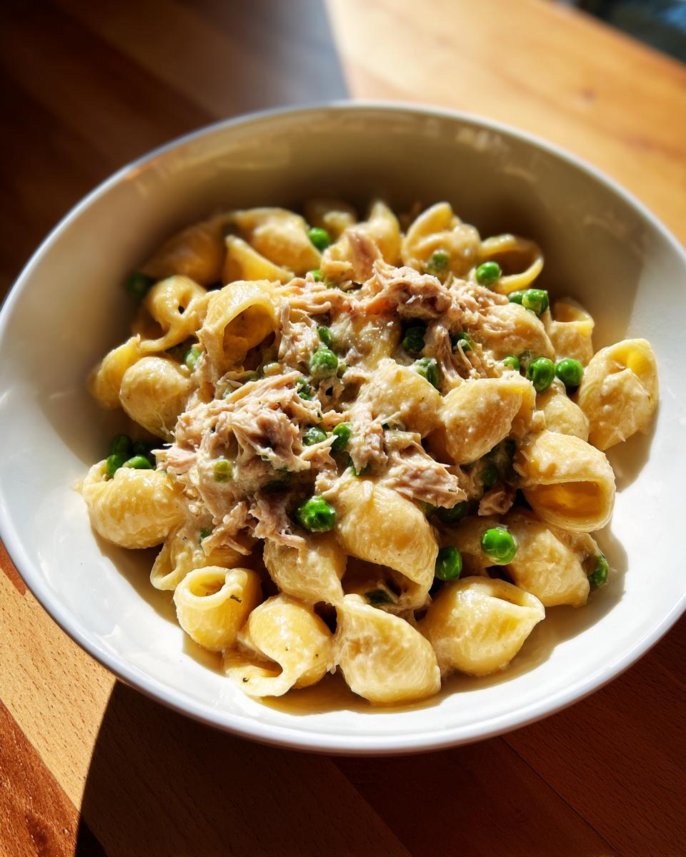 A white bowl filled with creamy tuna pasta shells mixed with bright green peas, highlighted by strong sunlight.