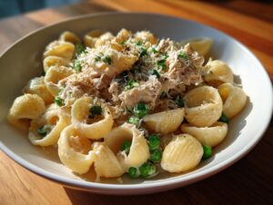 A close-up of a bowl of creamy tuna pasta featuring shell pasta, flaked tuna, peas, and grated Parmesan cheese.