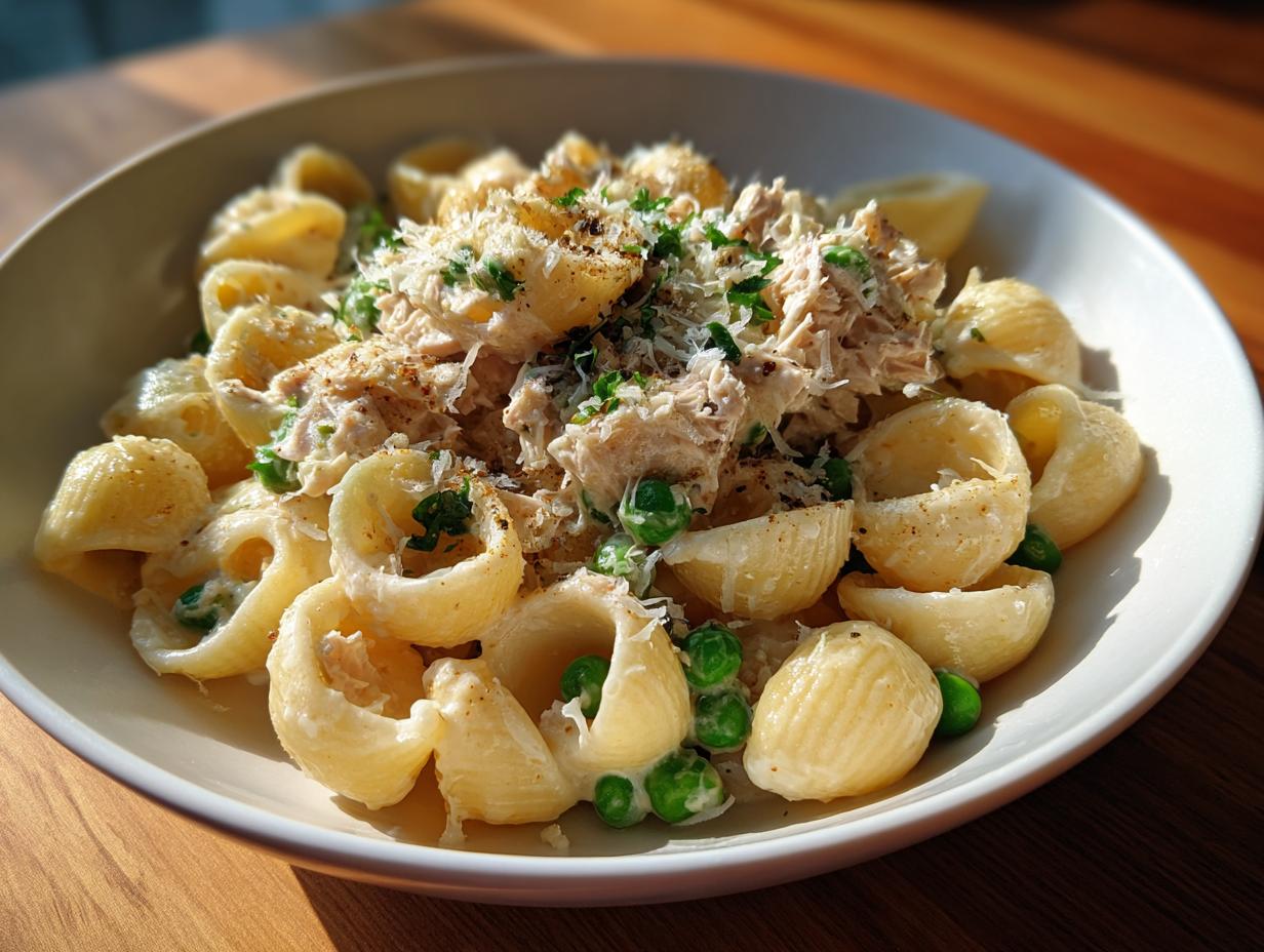 A close-up of a bowl of creamy tuna pasta featuring shell pasta, flaked tuna, peas, and grated Parmesan cheese.