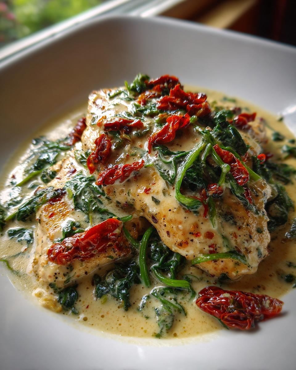 Two pieces of seared chicken breast smothered in a rich, creamy sauce with wilted spinach and sun-dried tomatoes, representing creamy tuscan chicken.