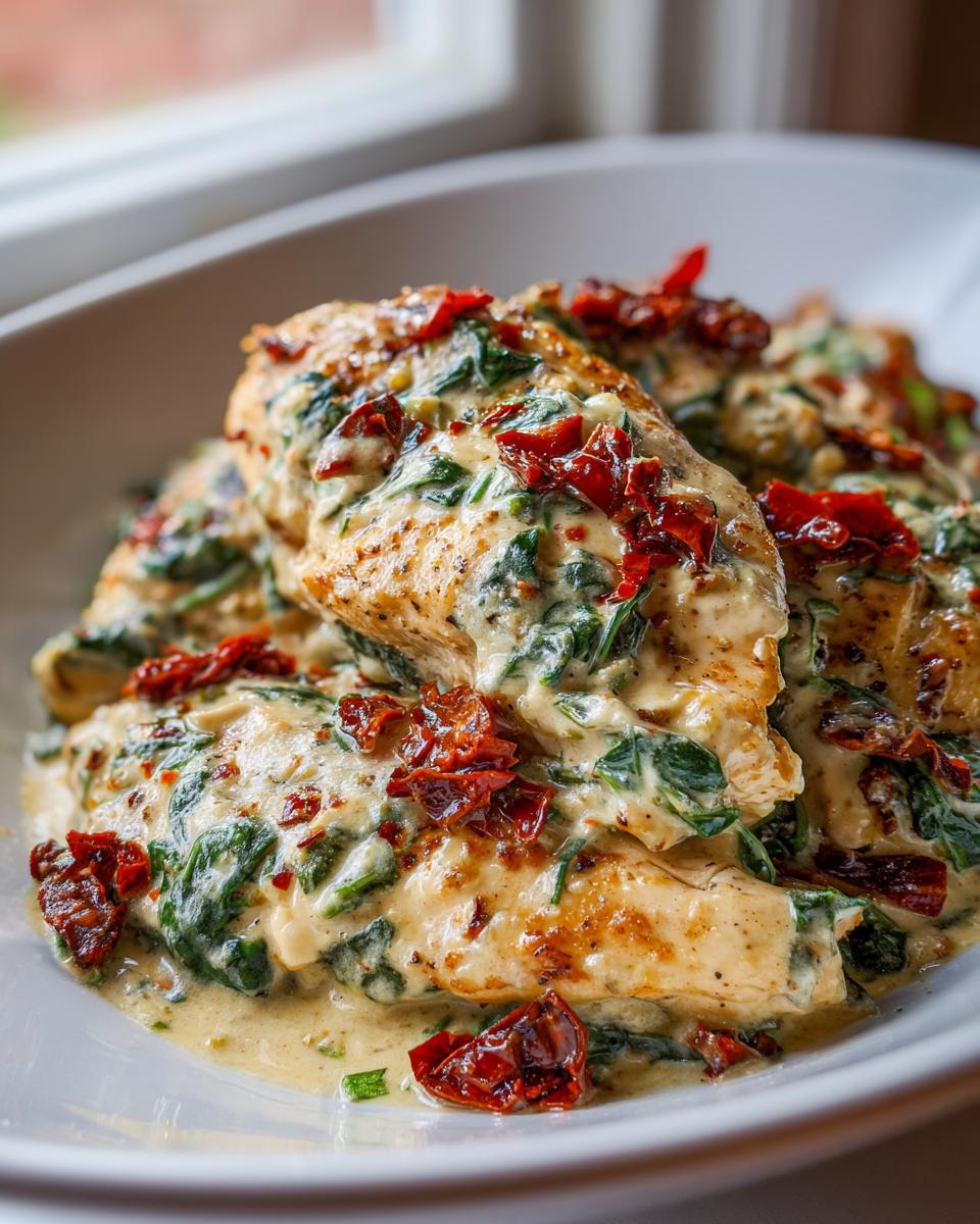 Close-up of seared chicken breasts smothered in a rich, creamy sauce with spinach and sun-dried tomatoes, the perfect creamy tuscan chicken.