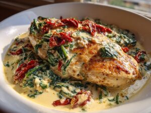 A golden-brown chicken breast smothered in a rich, creamy sauce with spinach and sun-dried tomatoes, ready to eat as creamy tuscan chicken.