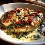 Two golden-brown chicken breasts smothered in a rich, creamy Tuscan sauce with spinach and sun-dried tomatoes, featuring the creamy tuscan chicken.
