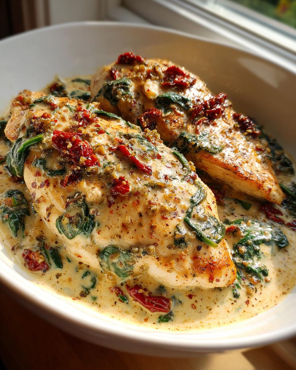 Two seared chicken breasts covered in a rich, creamy Tuscan sauce with spinach and sun-dried tomatoes, ready to eat.