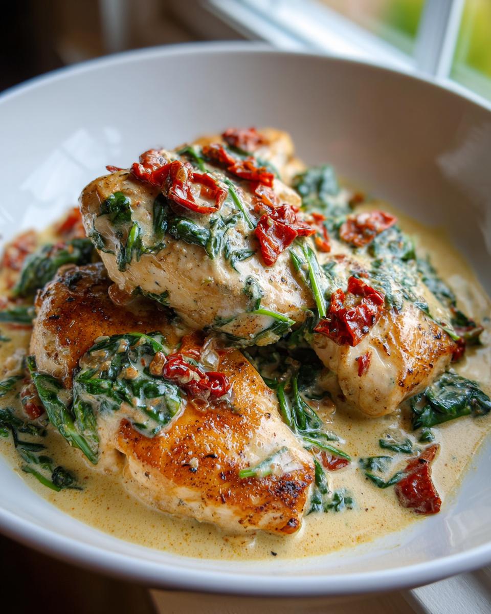 Close-up of seared chicken breasts smothered in a creamy Tuscan sauce with spinach and sun-dried tomatoes: creamy tuscan chicken.