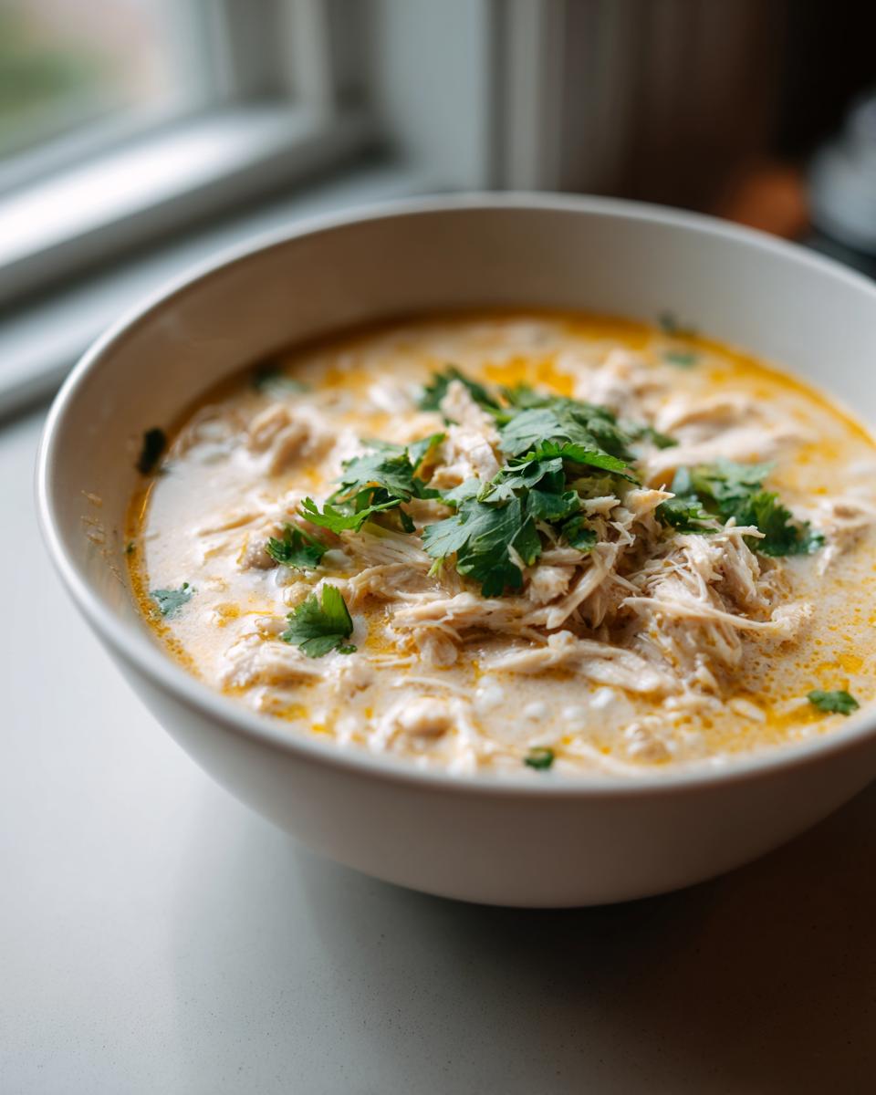 A white bowl filled with creamy white chicken chili recipe, topped generously with fresh cilantro.