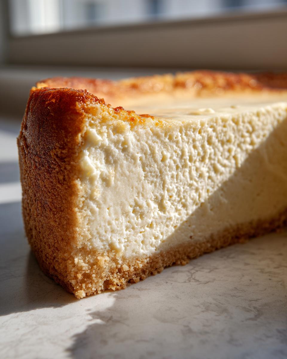 Close-up of a thick slice of creamy white chocolate cheesecake showing the textured filling and golden brown graham cracker crust.