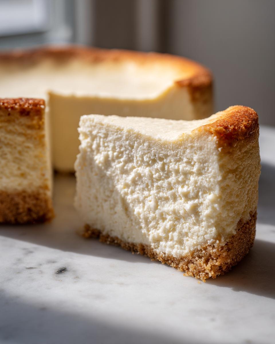 Close-up of a thick slice of creamy white chocolate cheesecake with a graham cracker crust on a white marble surface.