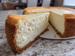 A thick slice of creamy white chocolate cheesecake with a golden top and graham cracker crust.