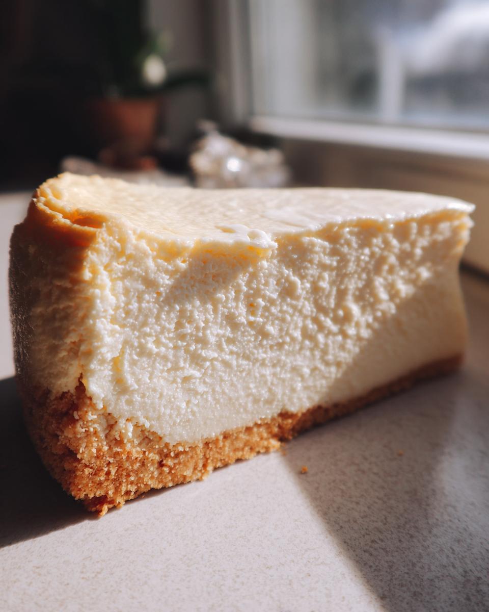 A thick, creamy slice of white chocolate cheesecake showing its graham cracker crust.
