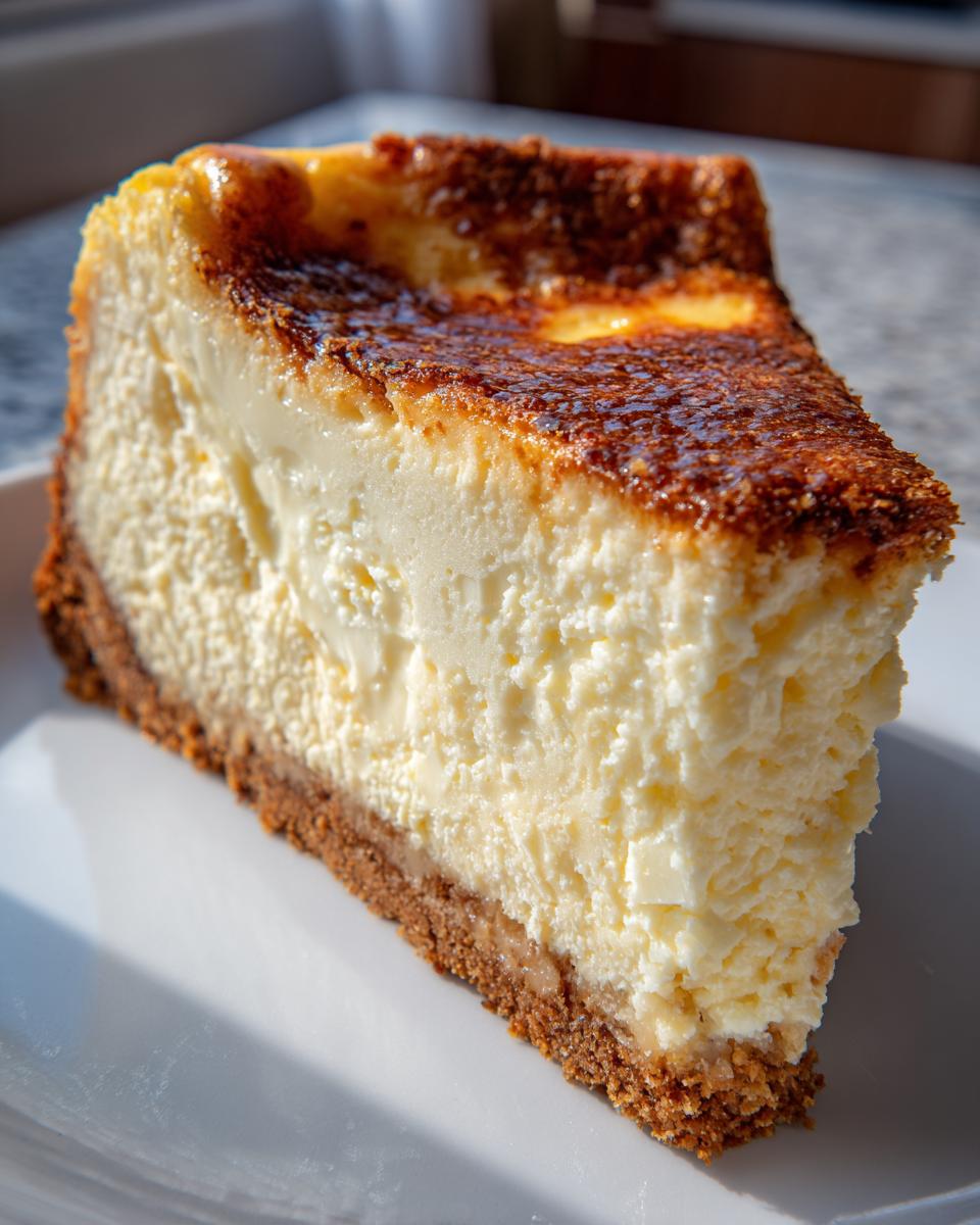 A close-up slice of creamy white chocolate cheesecake showing a thick graham cracker crust and a deeply caramelized top.