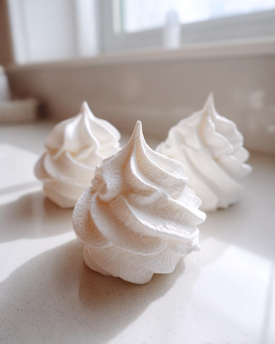 Three perfectly piped, white meringue cookies resting on a bright countertop in natural light.