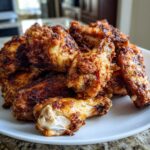A close-up of a pile of perfectly crispy, golden-brown chicken wings seasoned with spices.