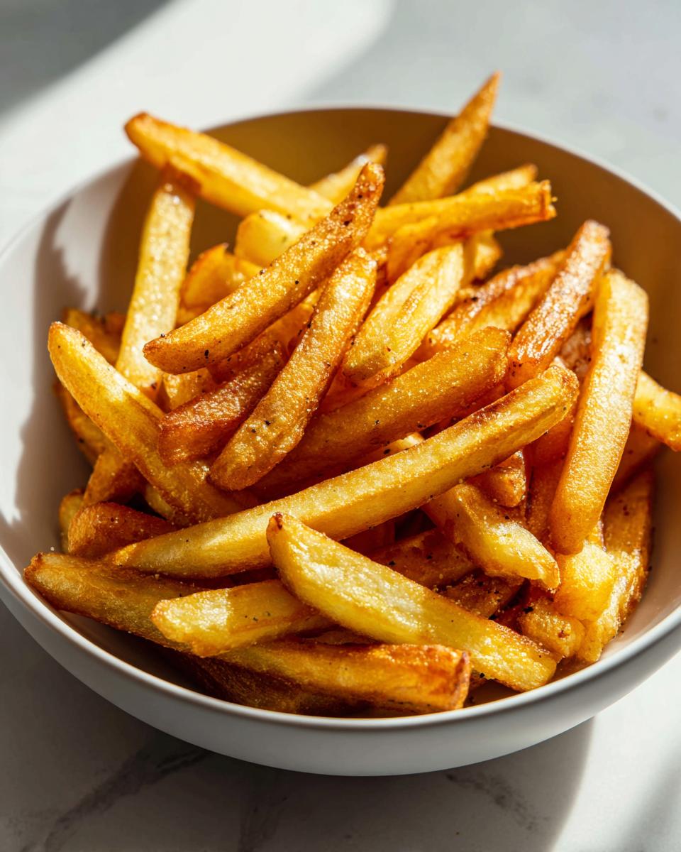 A close-up shot of golden brown, seasoned air fryer french fries piled high in a white bowl.