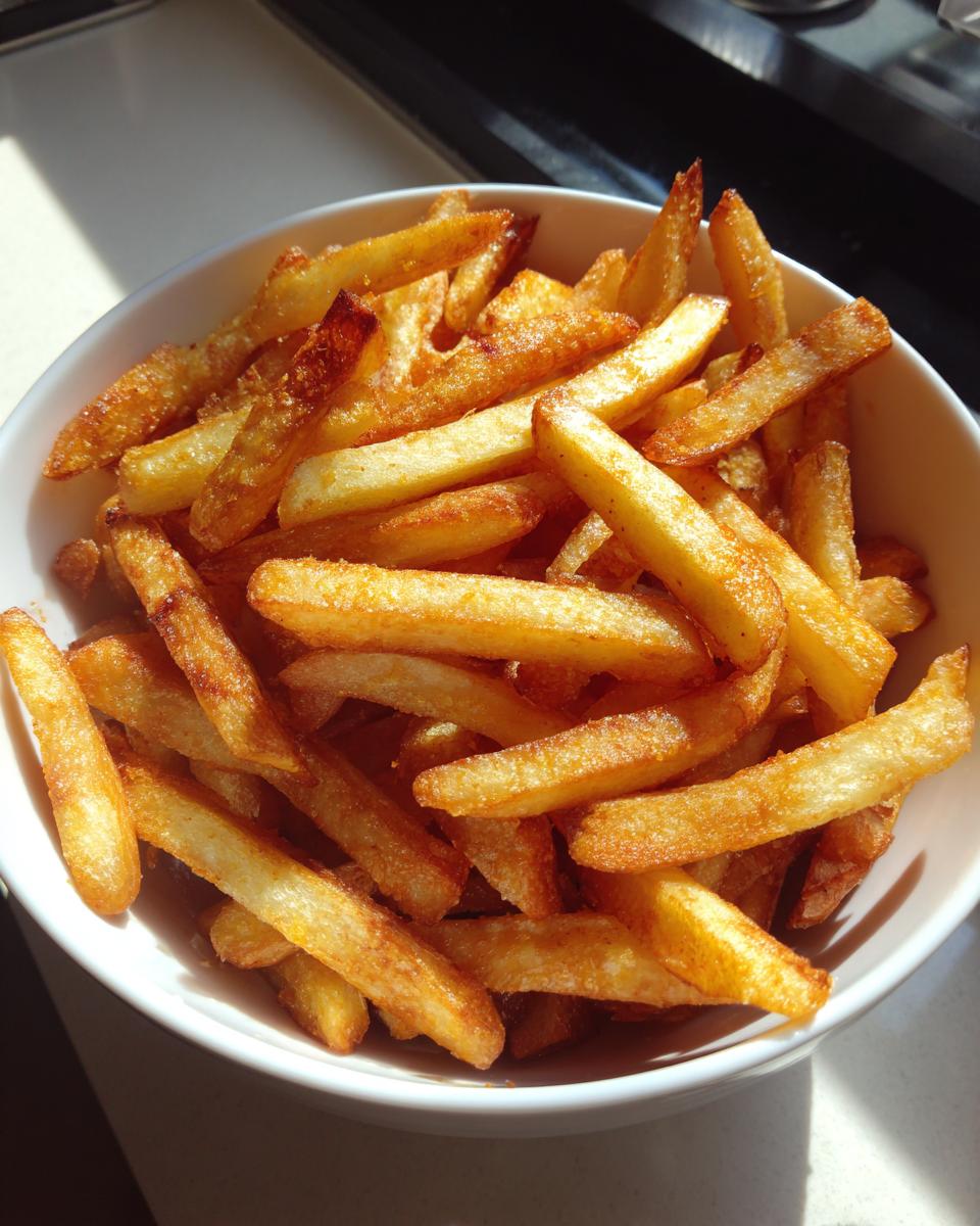 A close-up of golden brown, crispy air fryer french fries piled high in a white bowl.