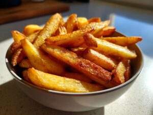 Close-up of golden brown, crispy air fryer french fries piled high in a small white bowl.