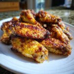 Close-up of several perfectly crispy baked chicken wing pieces piled on a white plate.