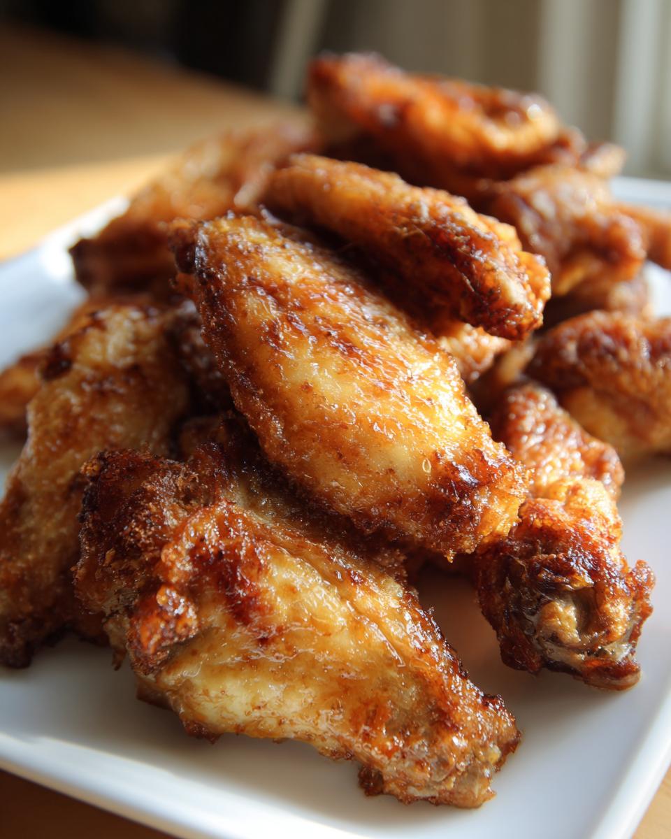 Close-up of a pile of golden brown, crispy baked chicken wing pieces served on a white plate.