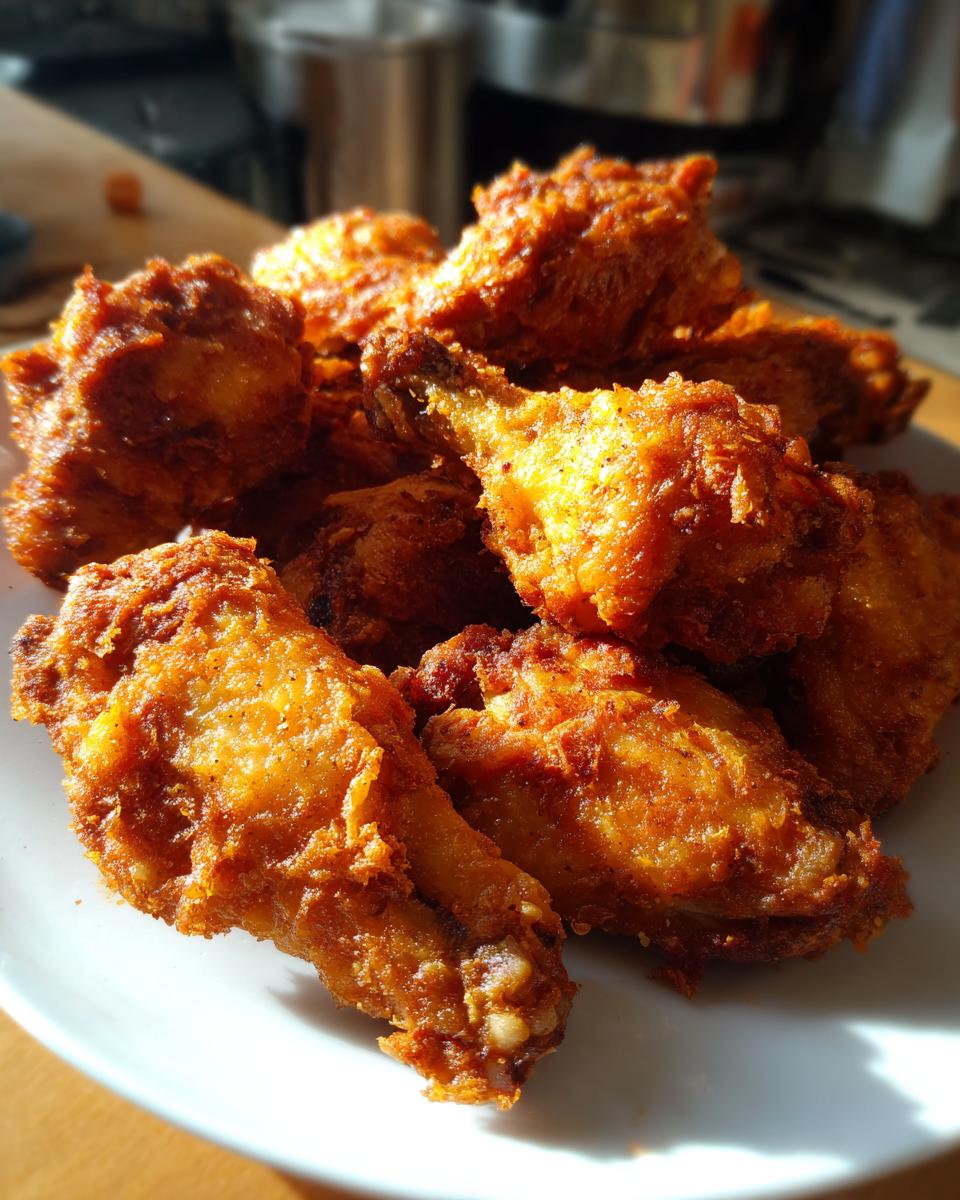 A close-up of a pile of golden brown, crispy baked chicken wing pieces on a white plate.