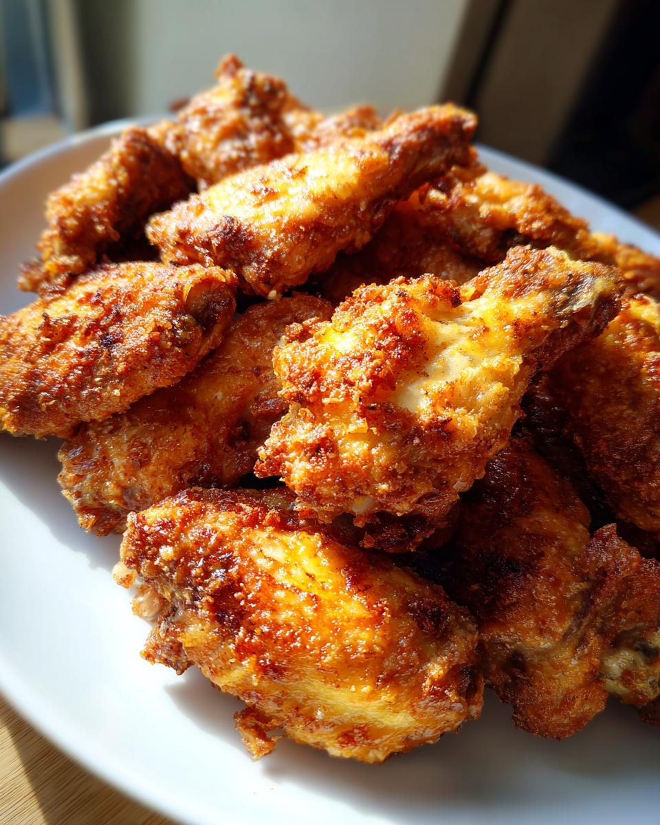 A close-up of a pile of perfectly crispy baked chicken wing pieces with a golden-brown crust.