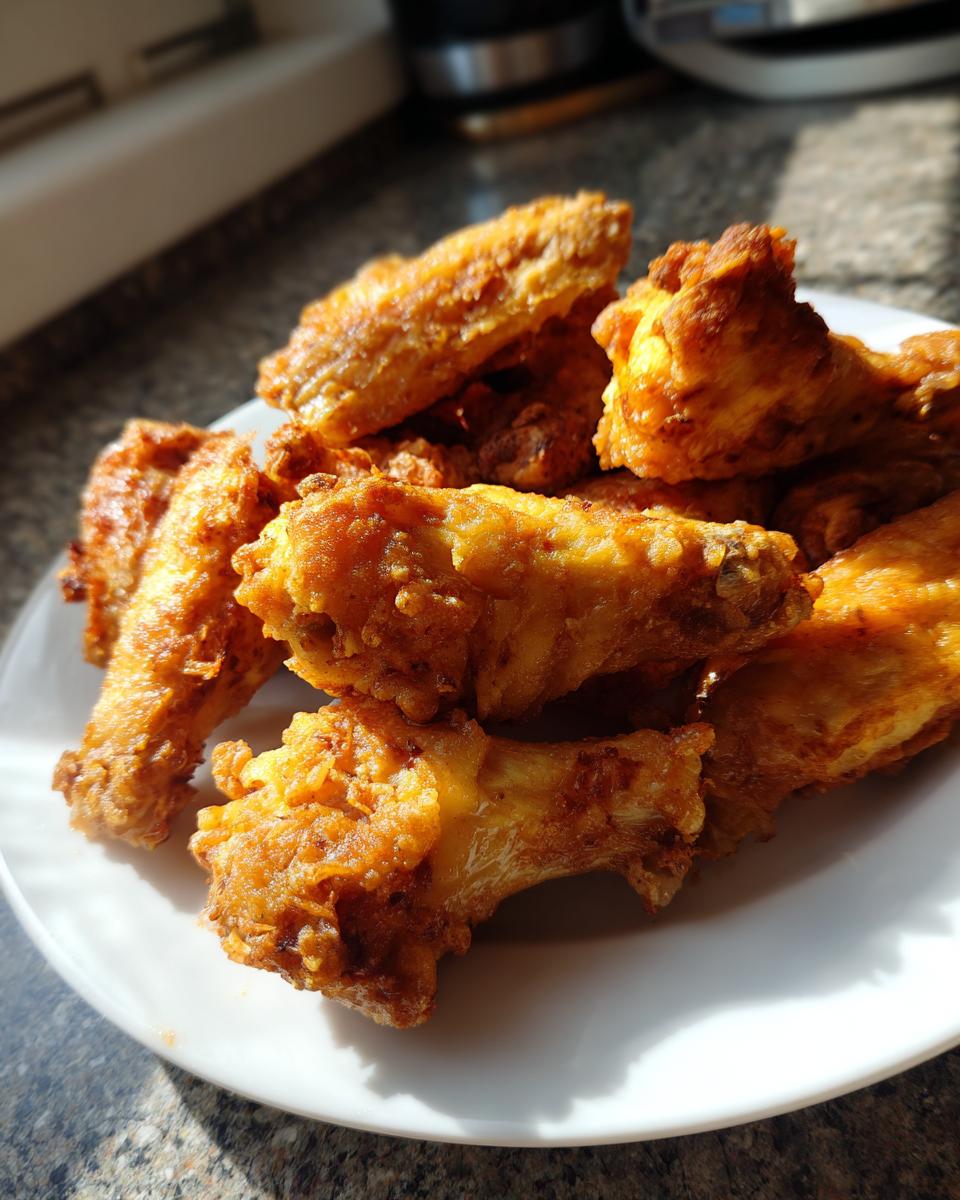 A pile of golden brown, crispy baked chicken wing pieces stacked on a white plate.