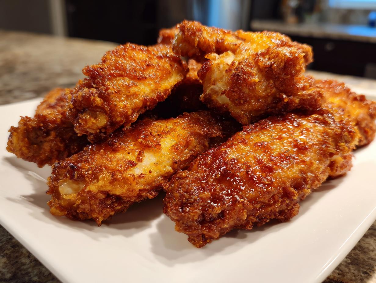 Close-up of a pile of golden brown, crispy baked chicken wing pieces served on a white rectangular plate.