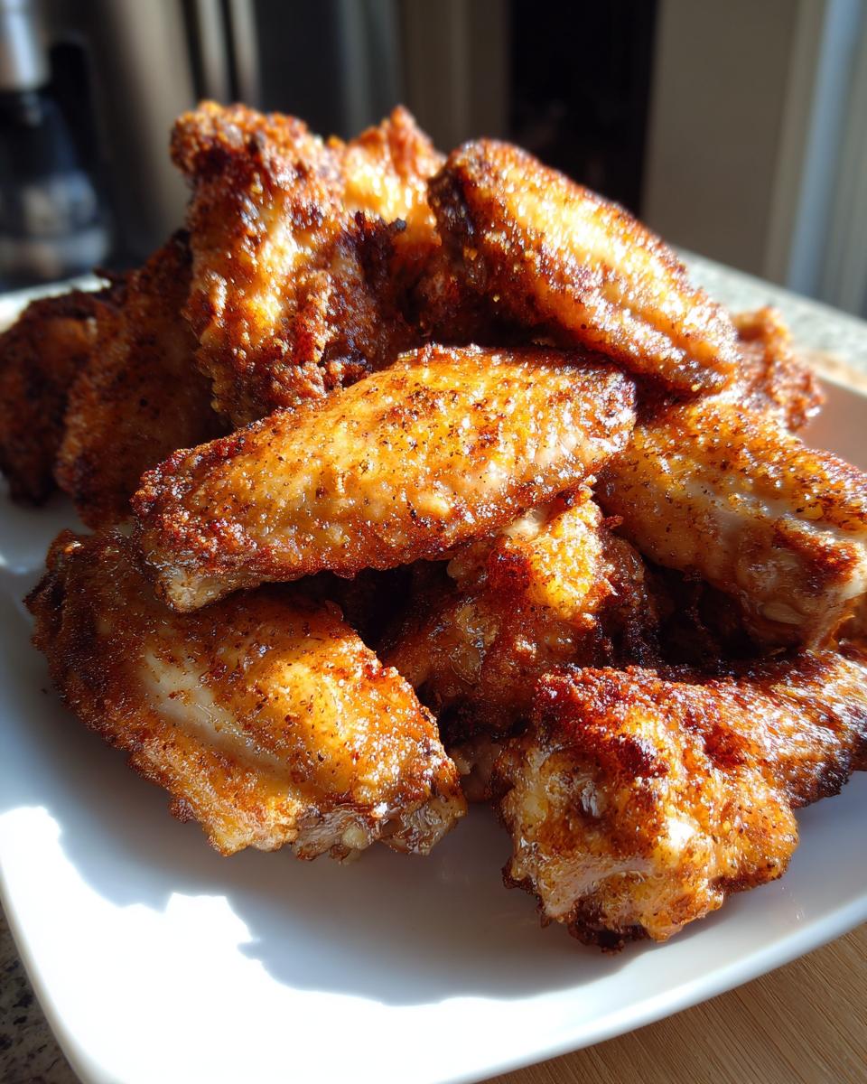 A close-up pile of golden brown, seasoned, crispy baked chicken wings served on a white plate.