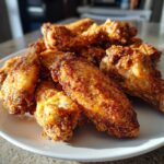 A close-up of several golden brown, seasoned crispy baked chicken wings piled high on a white plate.