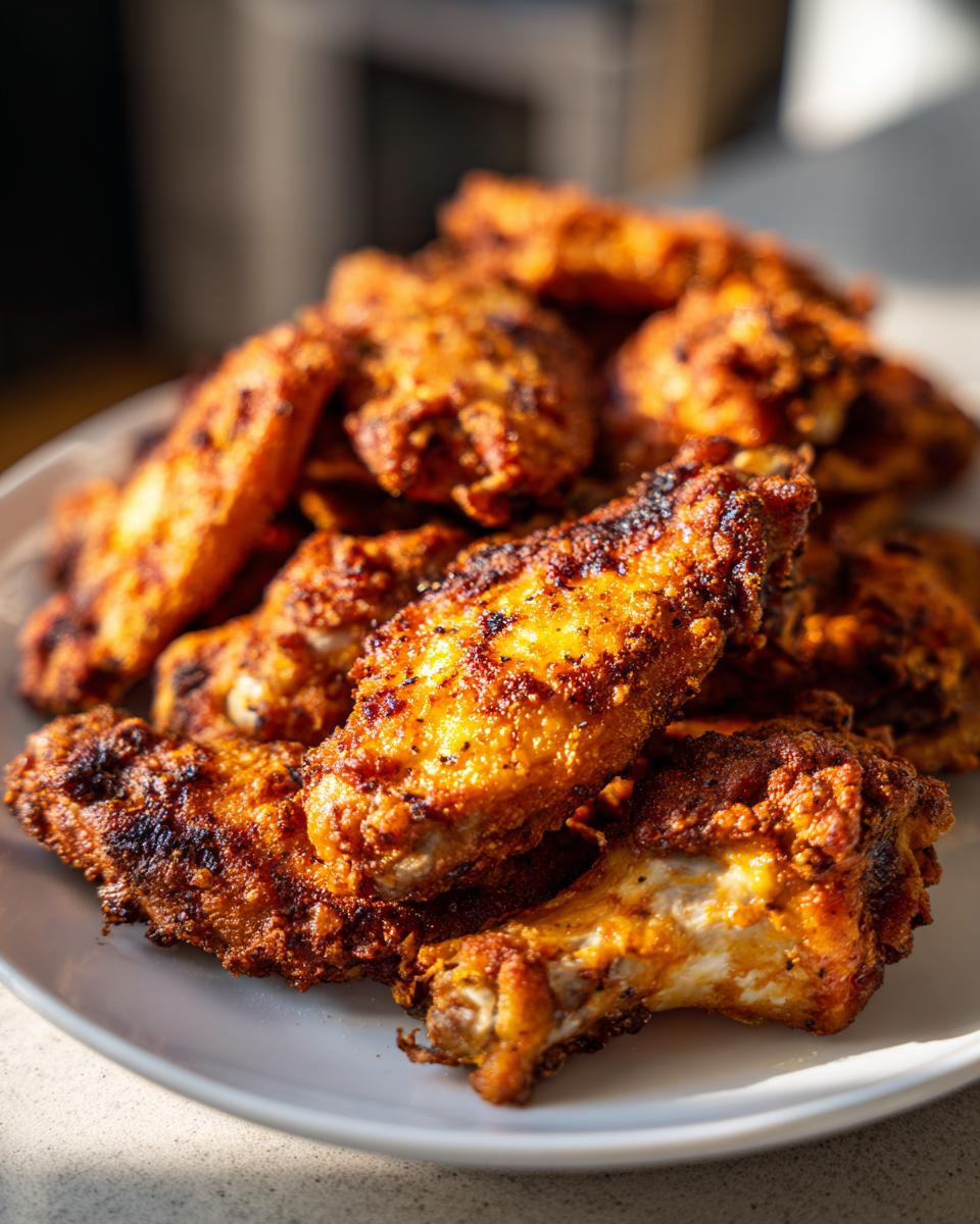A close-up shot of a pile of golden brown, crispy baked chicken wings on a white plate.