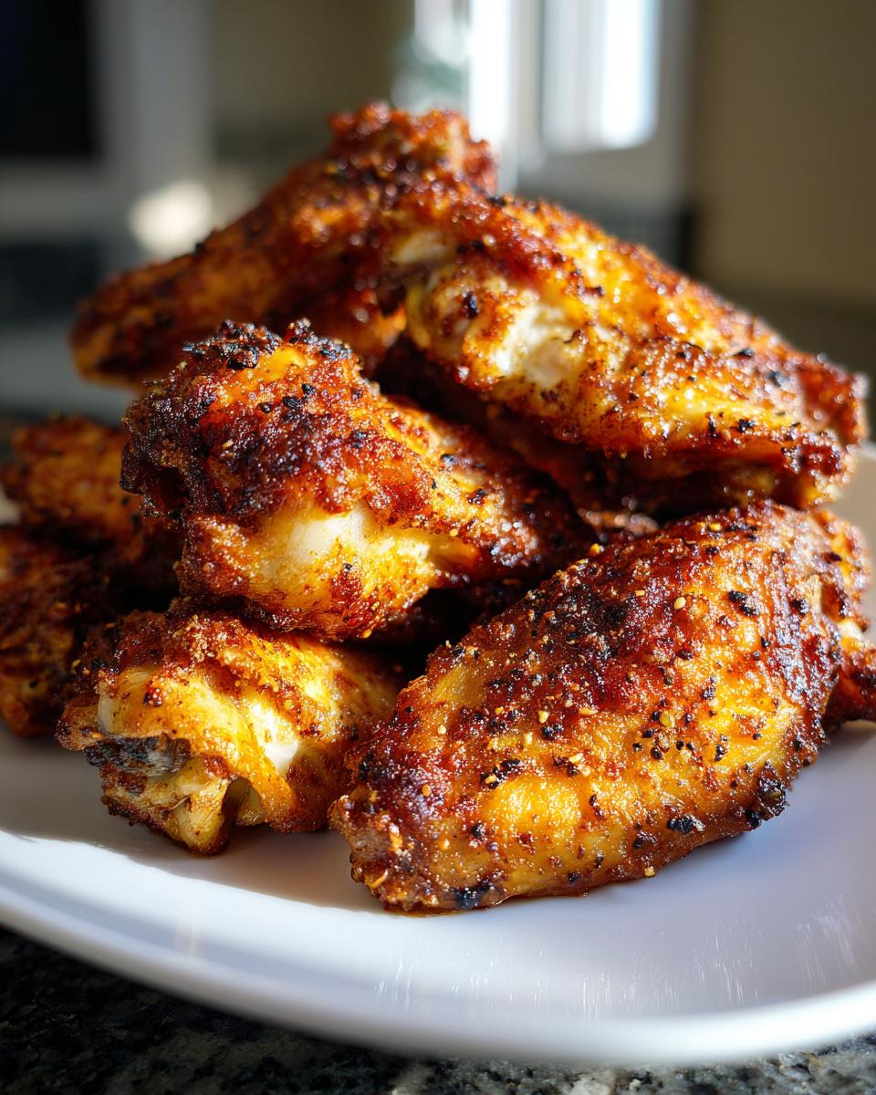 A close-up of a pile of perfectly seasoned and crispy baked chicken wings on a white plate.