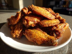A mound of golden brown, seasoned crispy baked chicken wings piled high on a white plate.