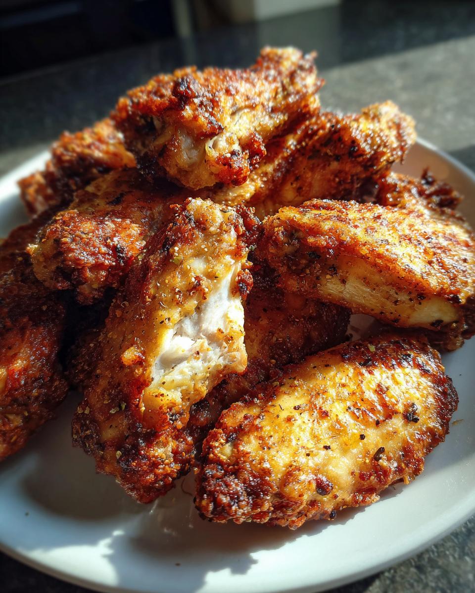 A close-up of a pile of golden brown, seasoned crispy baked chicken wings, one wing broken open showing the white meat.