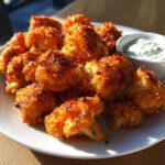 A plate piled high with crispy, golden-orange buffalo cauliflower florets served with a side of creamy dipping sauce.