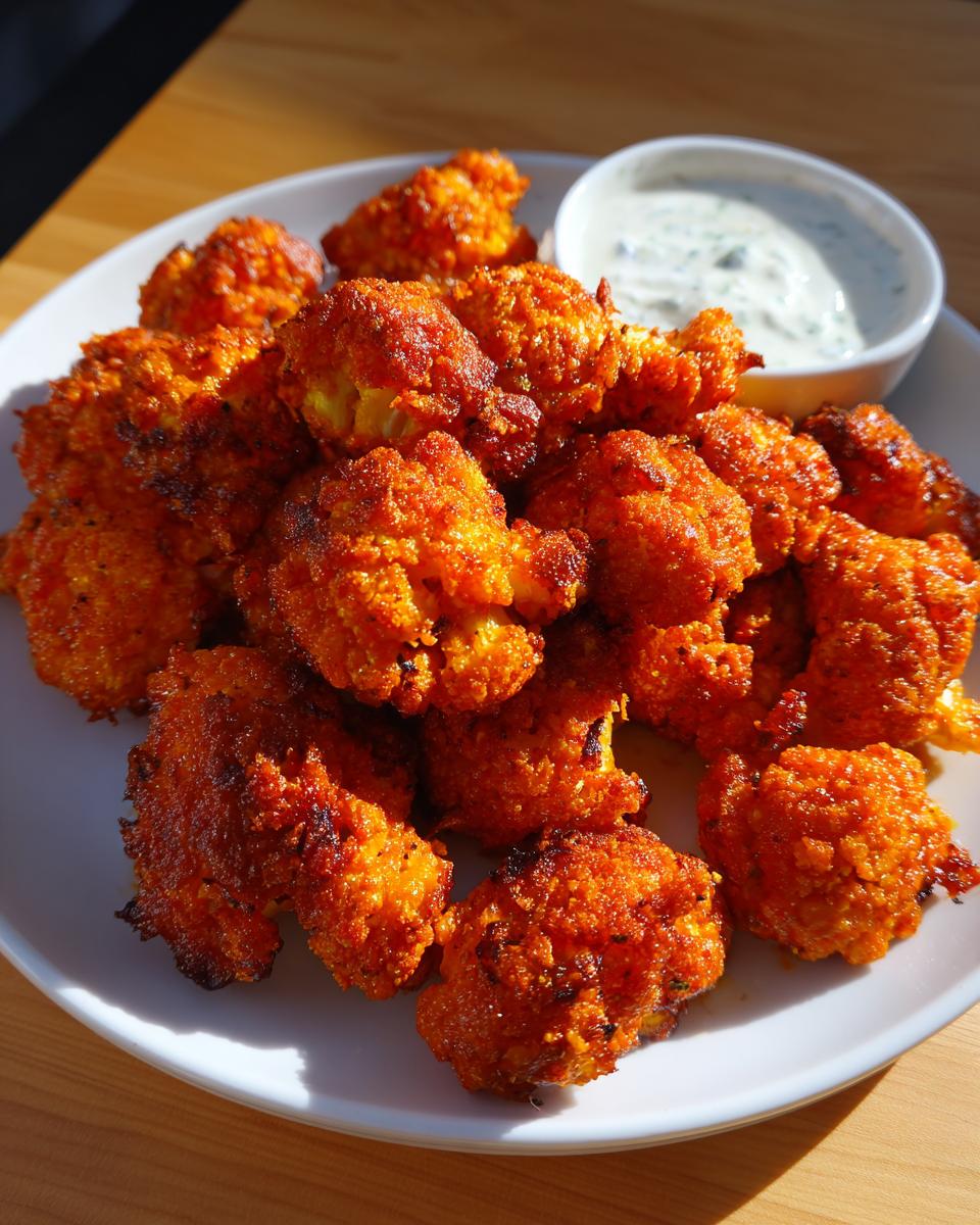 A plate piled high with crispy, bright orange buffalo cauliflower bites served with a side of creamy dipping sauce.