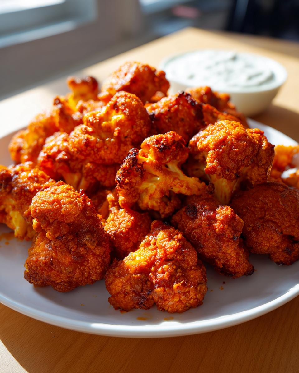 A close-up of crispy, bright orange buffalo cauliflower pieces piled high on a white plate, with a side of dipping sauce blurred in the background.
